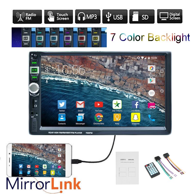 2 Din Touch Screen USB With Camera Mirror For Android Phone 7 Inch Mirror Link Screen MP5 Player Car Radio Bluetooth 9 Languages