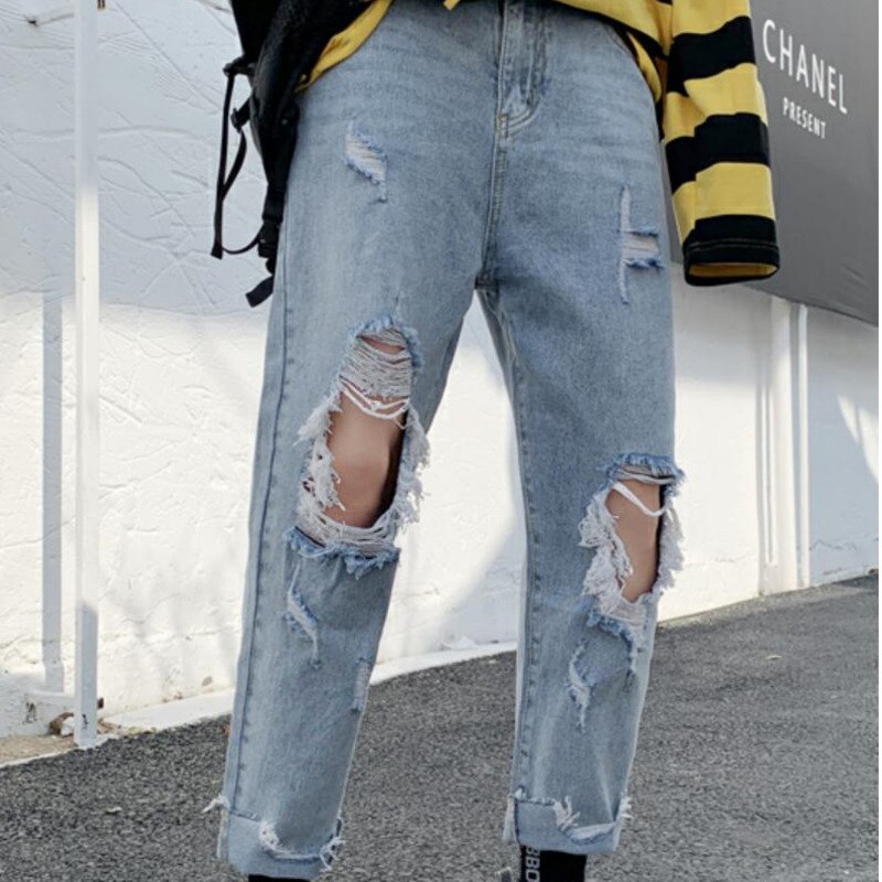Zomerjeans heren slim gewassen effen kleur casual gat spijkerbroek heren streetwear wilde hiphop denim broek heren