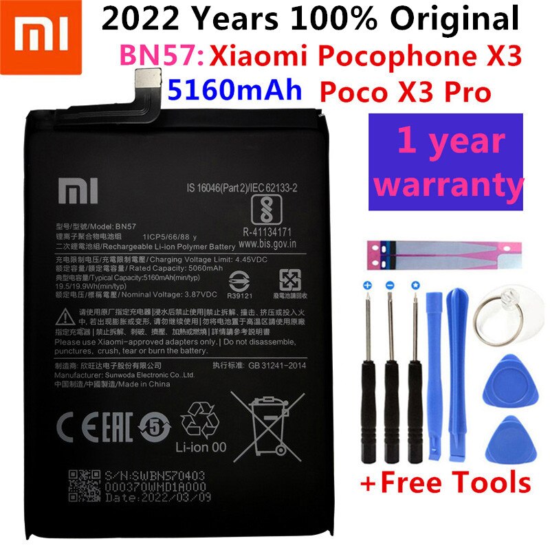 Xiao – batterie de téléphone d&#39;origine mi BN57 BN61, 2022 mAh, 100% 6000, pour Xiaomi Pocophone X3 Poco X3 Pro, Batteries de remplacement + outil