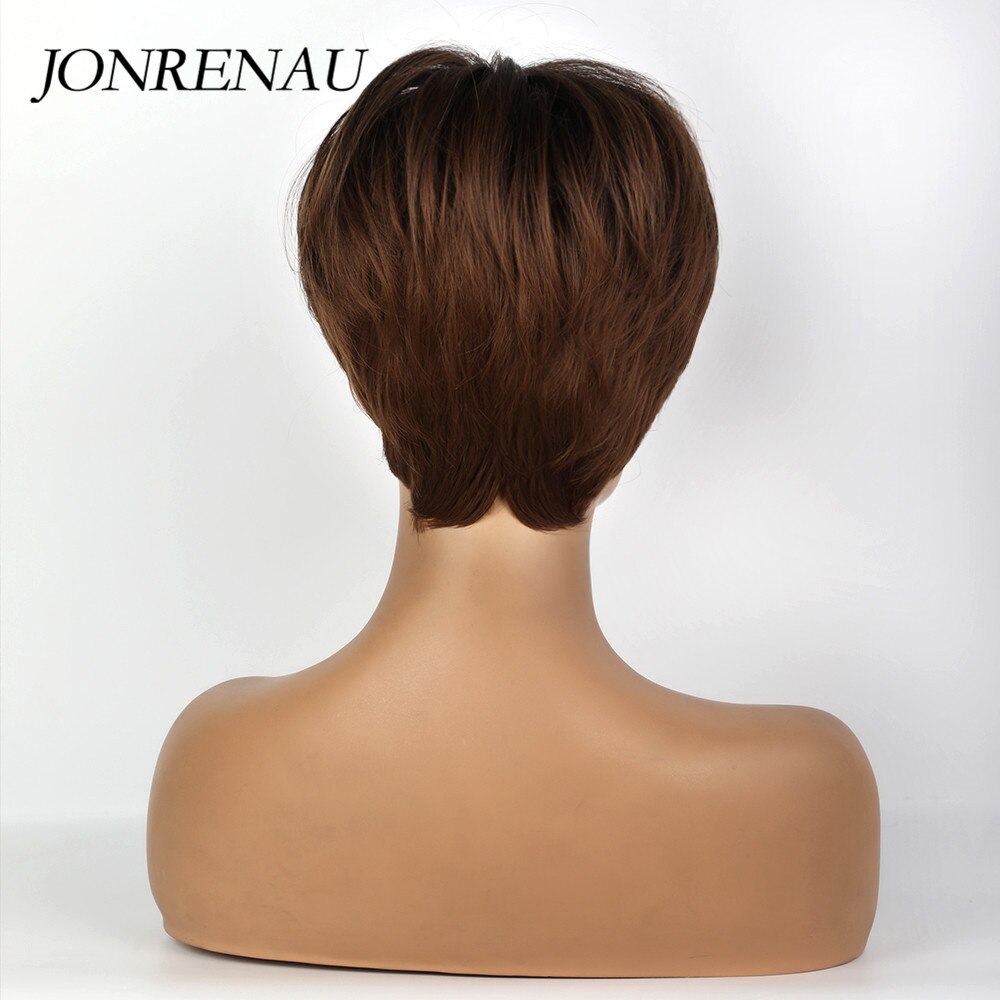 Jonrenau 8 tommer syntetisk kort lige paryk lys blonde brune parykker med pandehår pixie cut parykker til hvide sorte kvinder