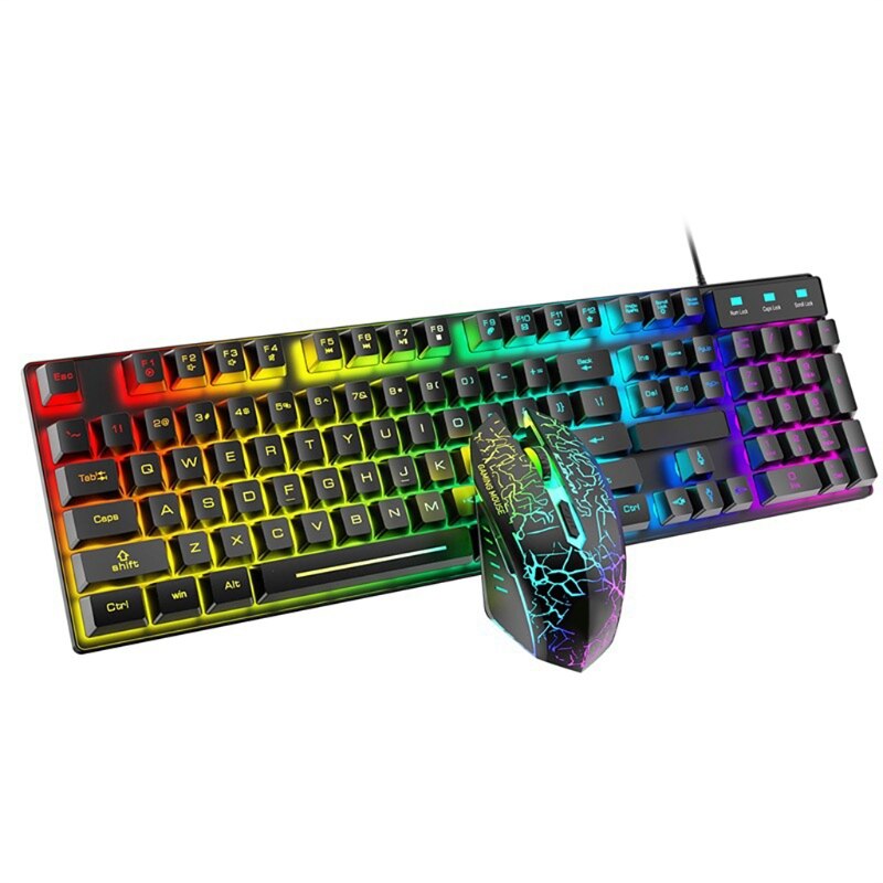 T6RGB Luminous Wired Gaming Keyboard and Mouse Set with Large Mouse Pad USB Colorful Backlit Mechanical Feel Keyboard