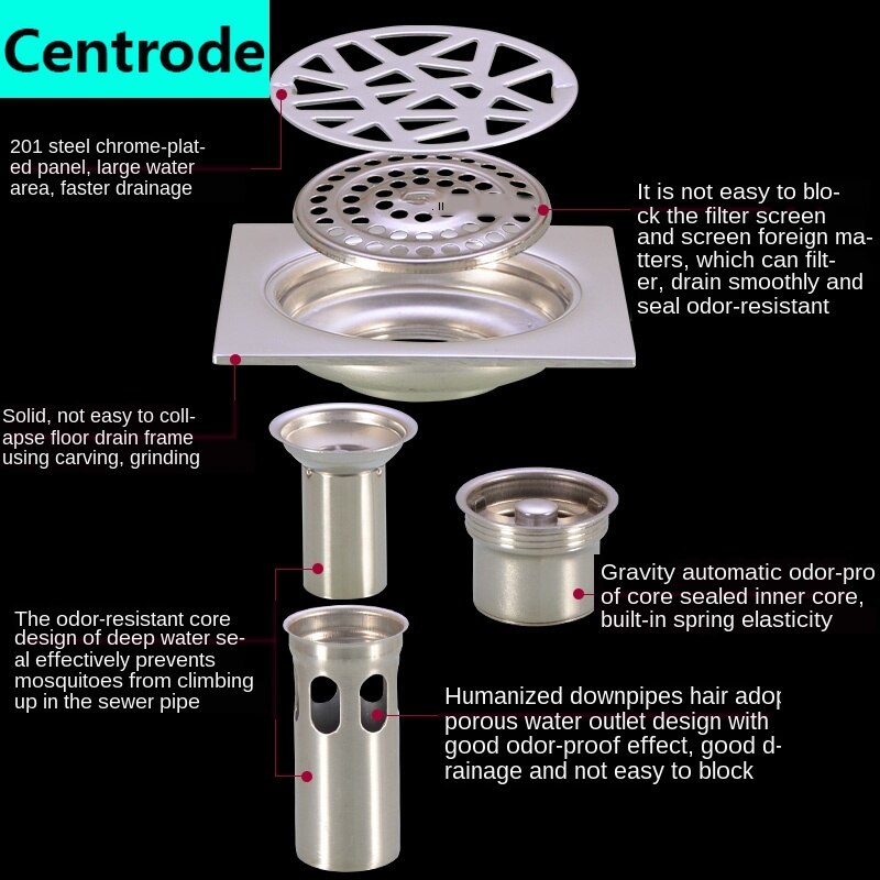 Floor drain anti-bug bed toilet toilet shower kitchen balcony square stainless steel floor drain washing machine 50/75 tube