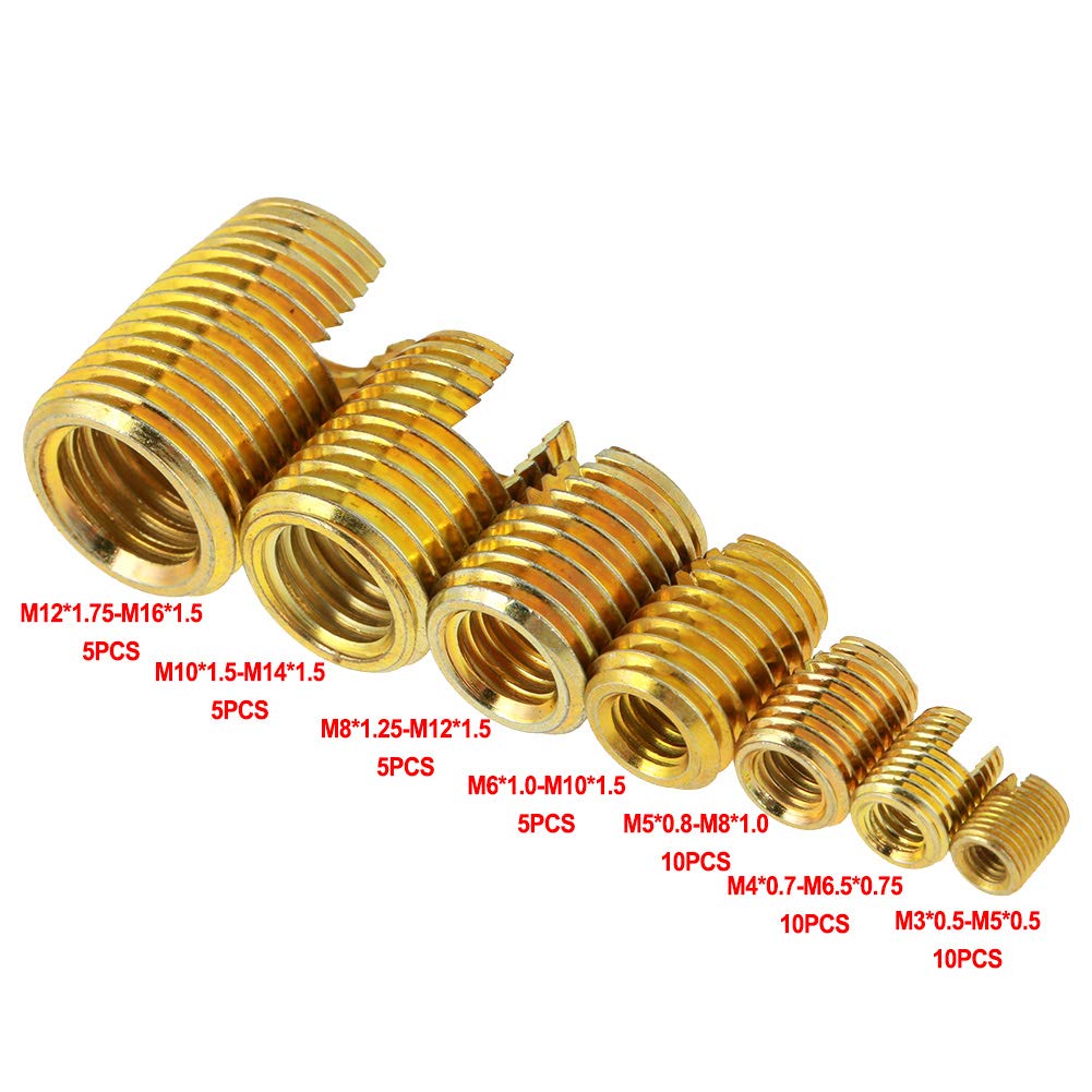 Self Tapping Inserts Threaded Inserts Kit, M3 to M12 Self Tapping Threaded Inserts, 50pcs Brass Slotted Thread Inserts
