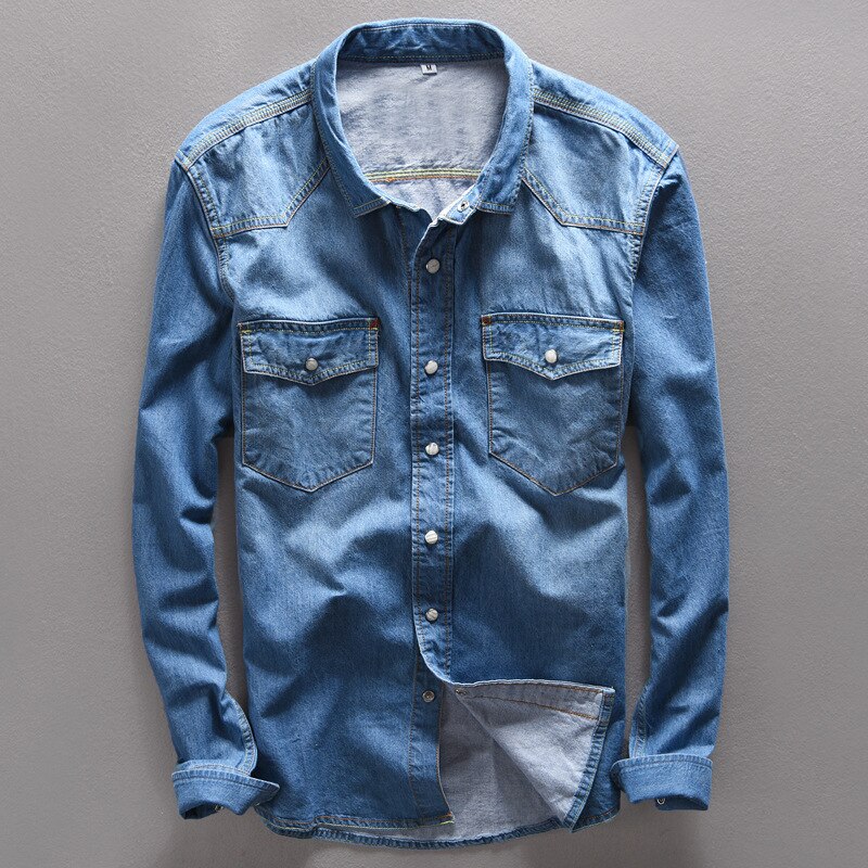 Camisas Vintage de para hombre, pantalones vaqueros azul claro con cuello, camisa informal para otoño, ropa de calle de primavera, tops vaqueros de manga larga de algodón