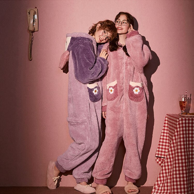 Pijamas de una pieza de terciopelo coral para otoño e invierno, ropa para parejas, ropa para casa con capucha, reserva conjunta,