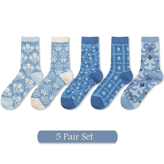 5 Pairs Vrouwen Sokken Set Herfst Winter Bloemen Printing Katoen Harajuku Blauwe Accessoires Geometrie Hartvormige Femme Sokken Kawai: E