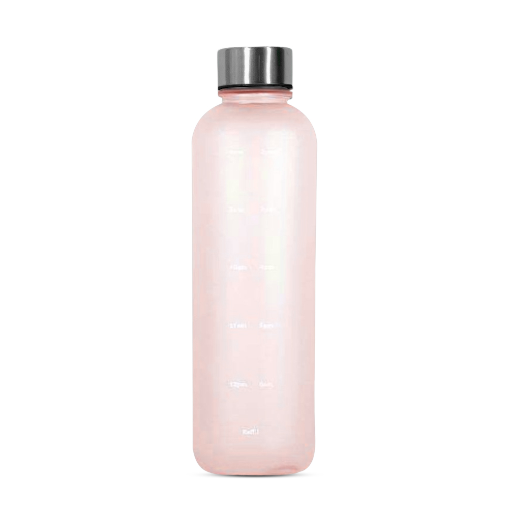 1000ML Kunststoff Raum Tasse Große-Kapazität transparent Gefrostet Wasser Tasse Kupfer Deckel Sport Wasser Flasche Mit Zeit Marker für Schüler: Rosa Wasser Flasche