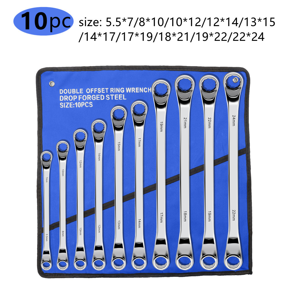 Offset Box End Wrench Set, 45# Carbon Steel Metric 45-Degree, HRC38-45 Long Double Ring Wrench Spanners with Rolling Pouch: Orange