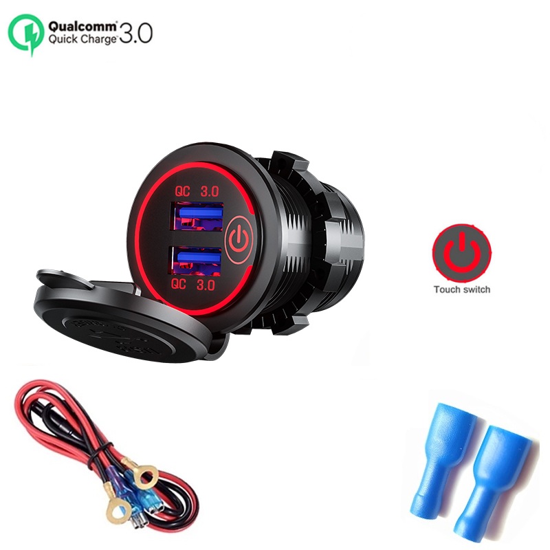12v/24v 2 charger socket touch switch waterproof universal car truck 36w qc 3,0 plug for phone tablet camera gps: Red-line-standard