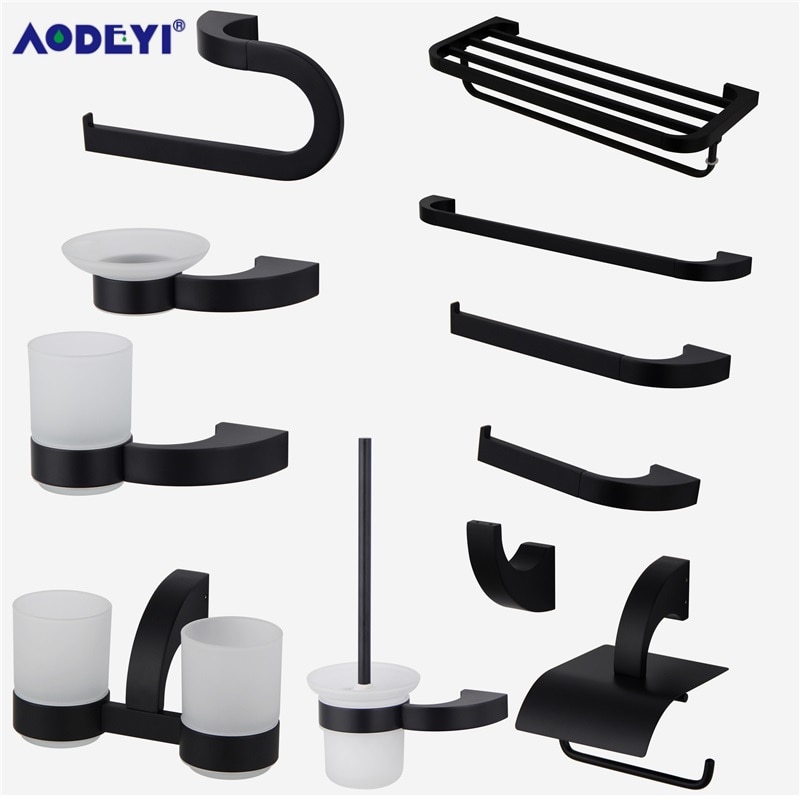 Aodeyi sort badeværelse tilbehør kappe krog håndklæde bar ring papirholder sæbeskål toiletbørste holder bad hardware sæt sæt