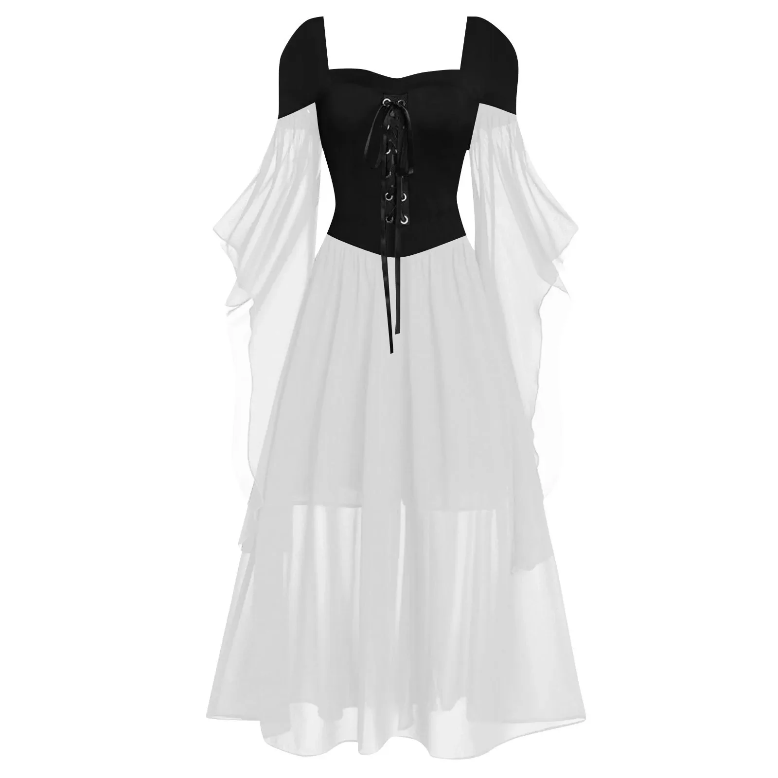 2024 Medieval Witch Dress For Women Halloween Carnival Women Plus Size Cold Shoulder Butterfly Sleeve Halloween Gothic Dress: S / Brown