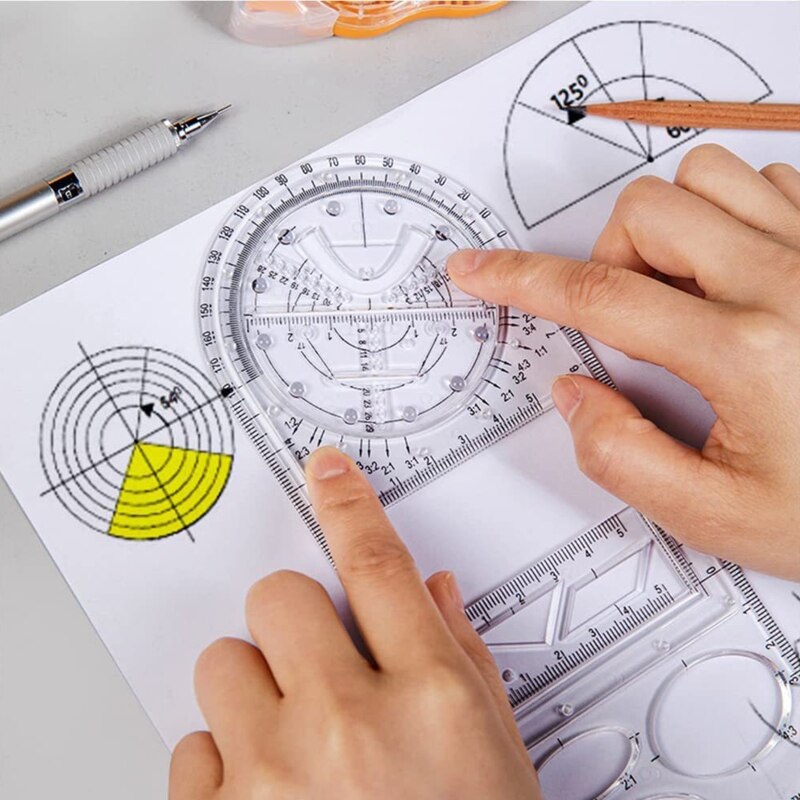 Juego de reglas geométricas multifuncionales, regla de dibujo de matemáticas con 14 figuras geométricas, conjunto de transportador redondo