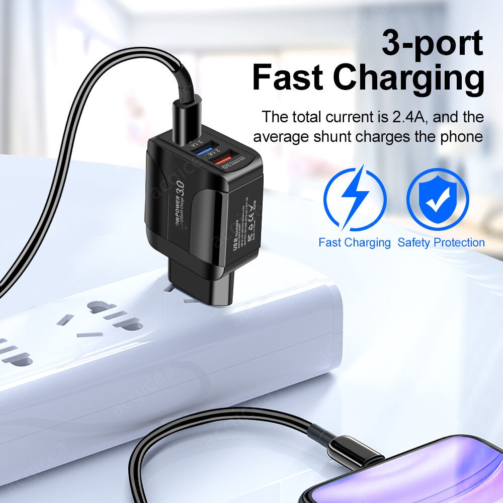 3A Quick Charge 3.0 USB Charger EU Wall Mobile Phone Charger Adapter for iPhone X MAX 7 8 QC3.0 Fast Charging for Samsung Xiaomi