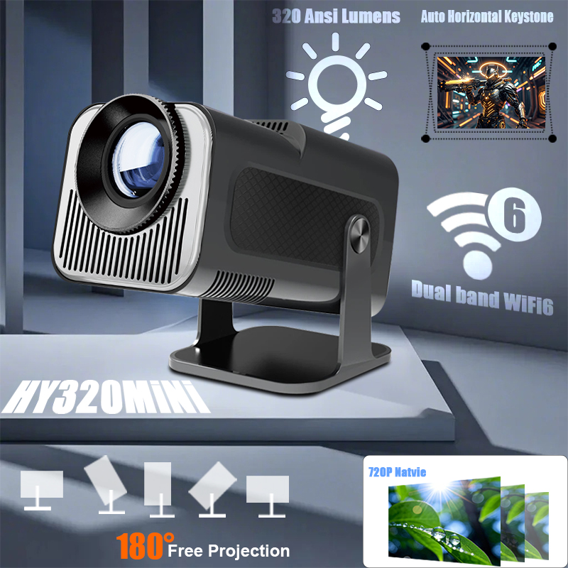 HY-320Mini Tragbarer Native 720P Allwinner H713 Android11 4K Projektor 320ANSI Wifi6 BT5.0 Kino Outdoor Drehbarer Projektor