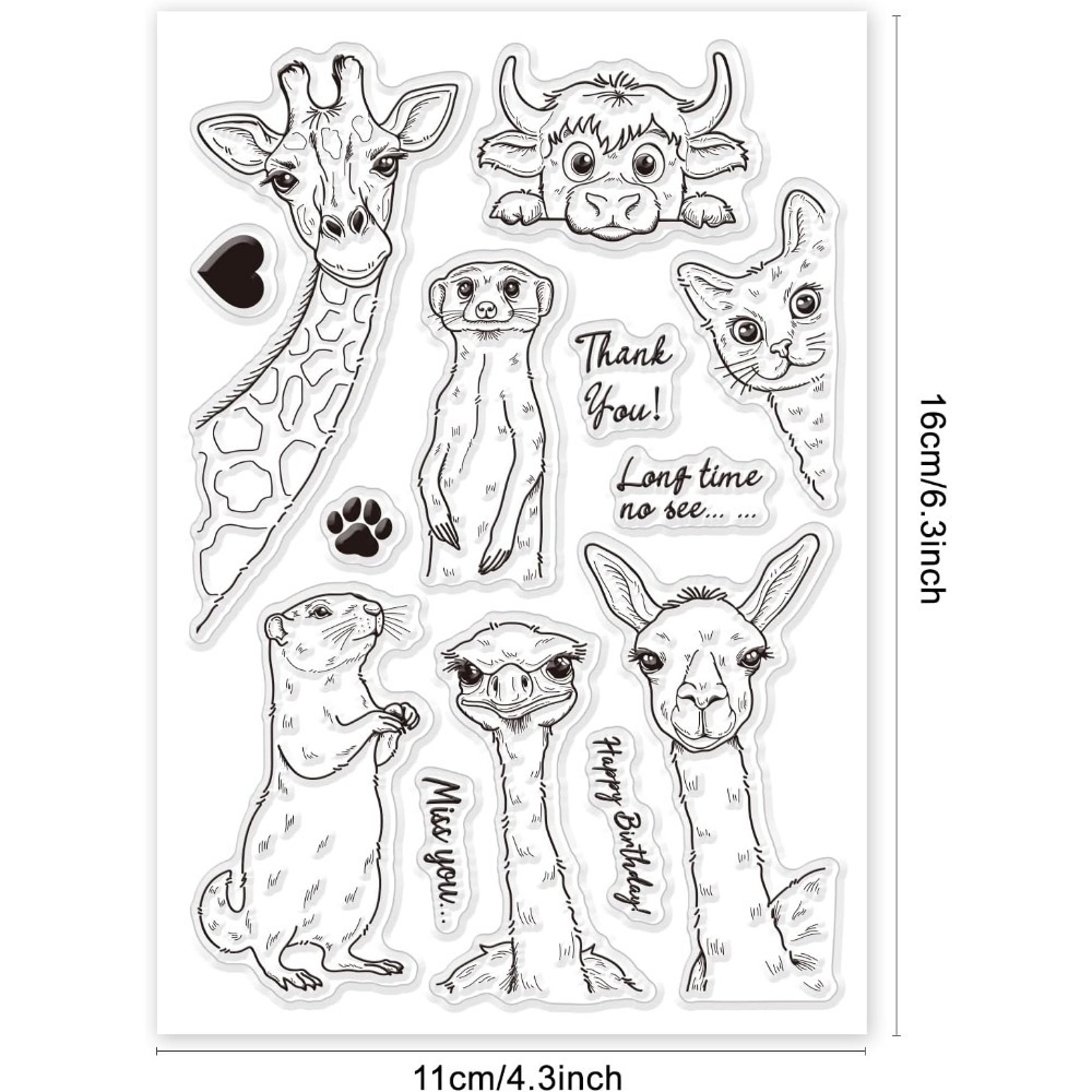 Tampons transparents têtes d'animaux drôles, divers tampons transparents, girafe, chat, vache, autruche, alpaga, marmotte, sceaux d'animaux de dessin animé