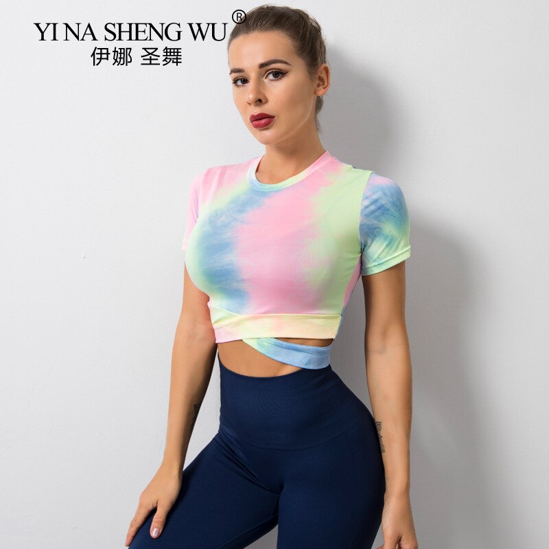 Verven Naadloze Yoga Top Gym Fitness Kleding Sportkleding Hoge Taille Gym Leggings Korte Mouwen Sport Shirt Tie Dye Yoga tops: Green / L