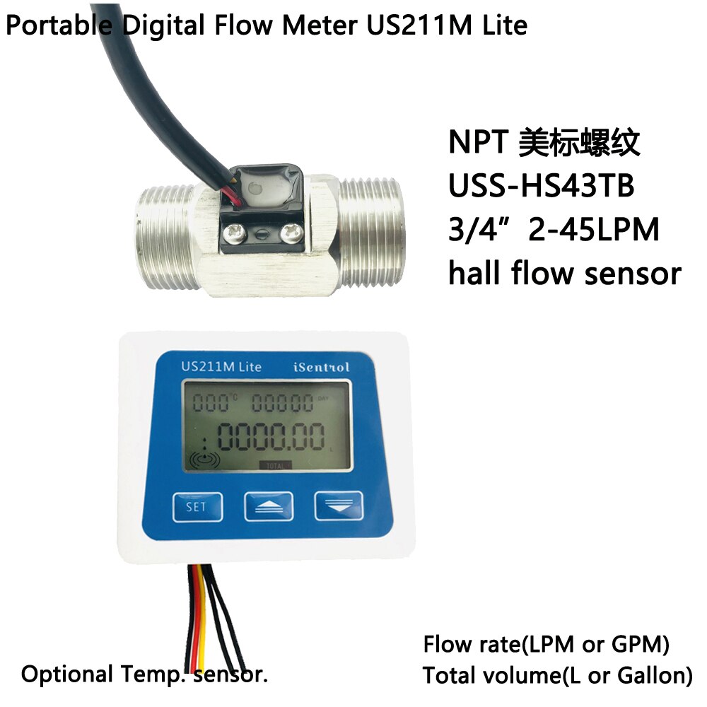 US211M Lite Digital Flow Meter & NPT USS-HS43TB Stainless Steel 304 Hall Water Flow Sensor 2-45L/M NPT 3/4" Turbine Flowmeter: Whole Set