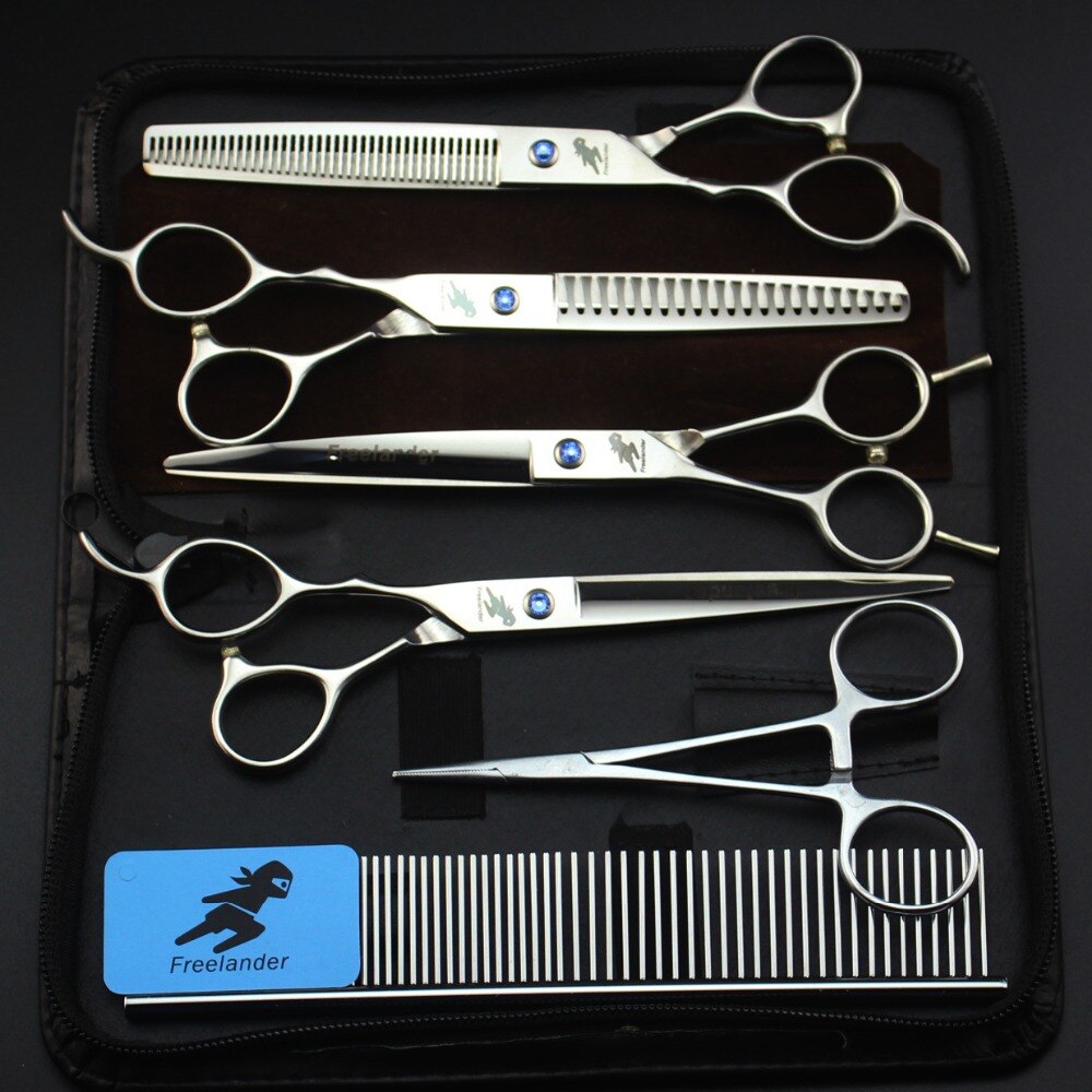 7 " pet grooming kit, straight and thinning scissors and curved pieces