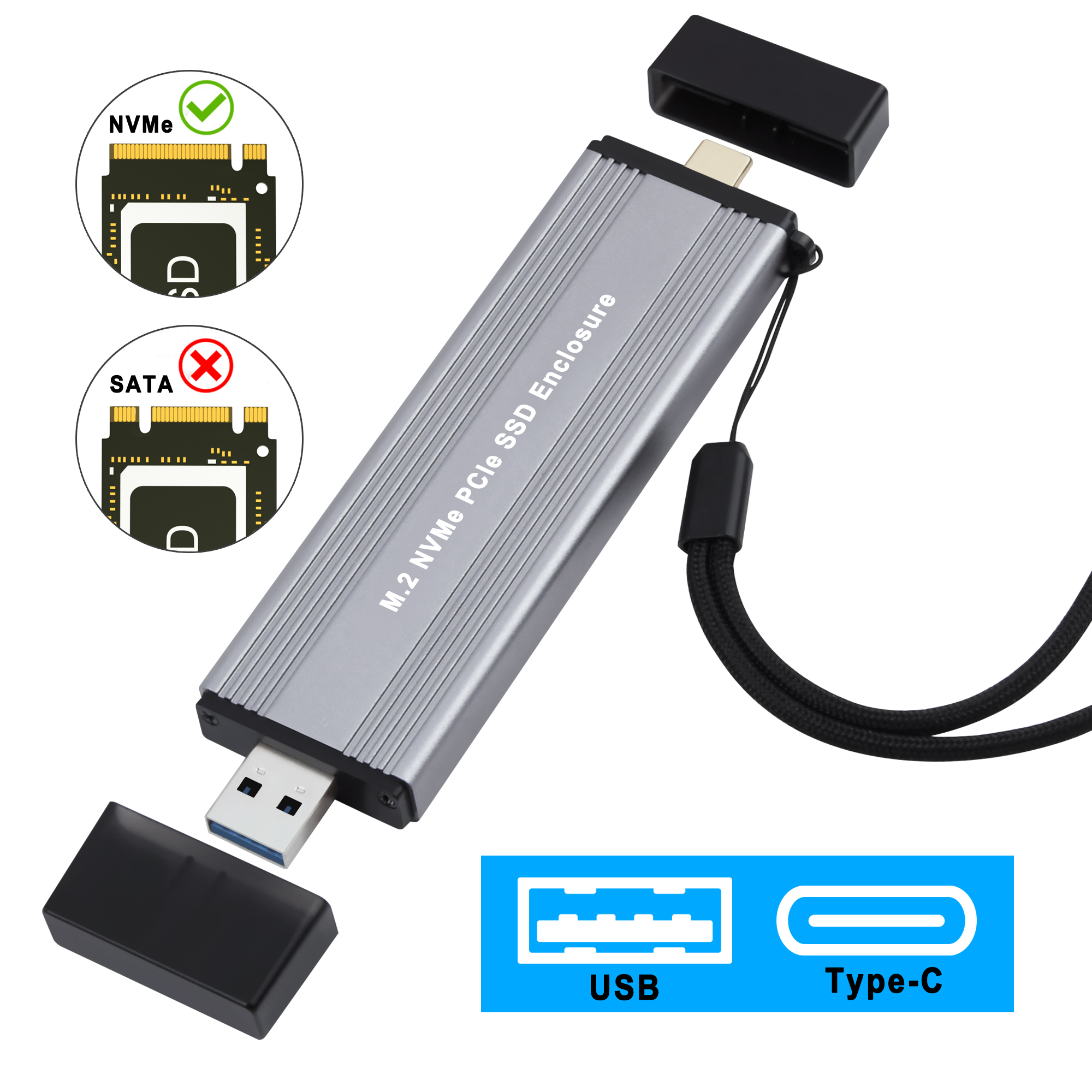 Adaptador de carcasa M.2 NVMe SSD USB C 3,2 Gen 2 10Gbps NVME para M-Key 2230/2242/2260/2280M2 lector USB A M2 externo de aluminio