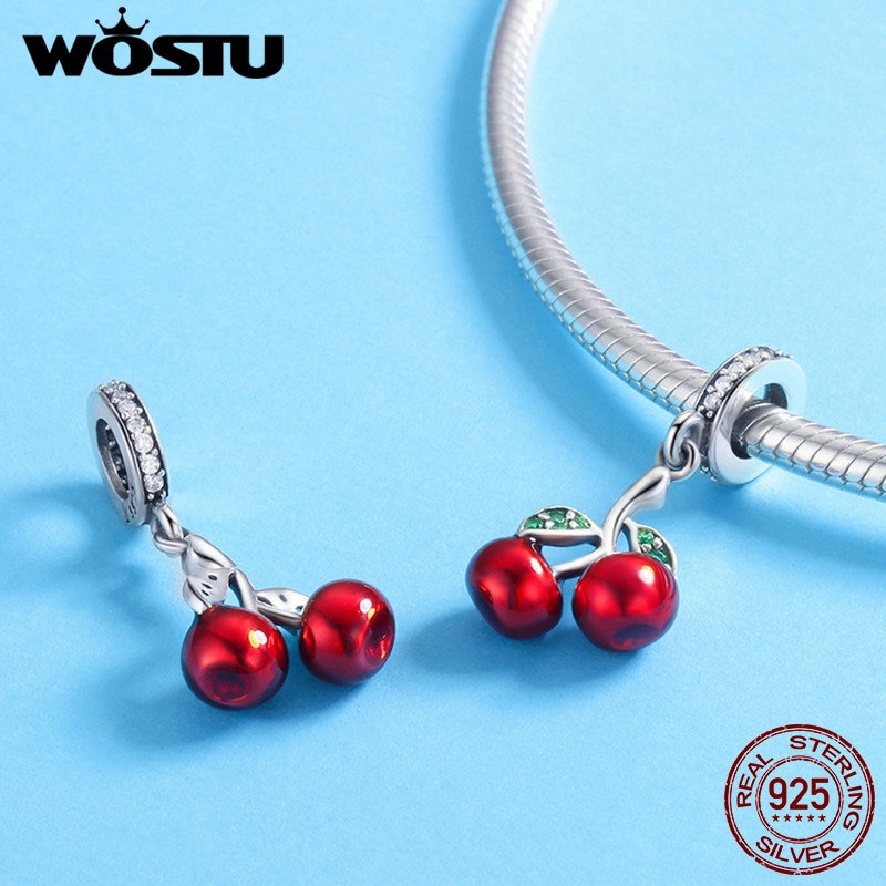 WOSTU Real 925 Sterling Silver Red Cherry Pendant Charms fit Original Women Bracelet Necklace 925 Jewelry CQC784