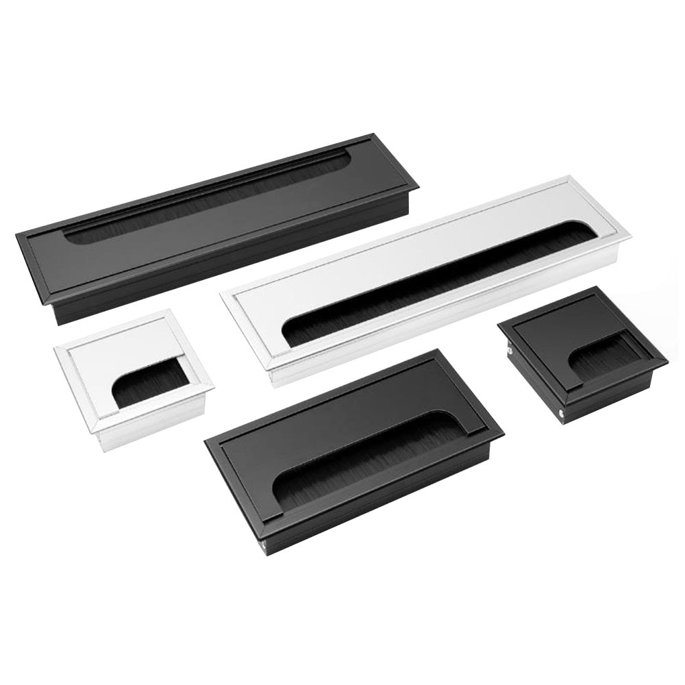 1PC Aluminum Alloy PC Desk Rectangle Wire Cable Office Table Hole Cover Outlet Port with Black Brush Cable Organizer