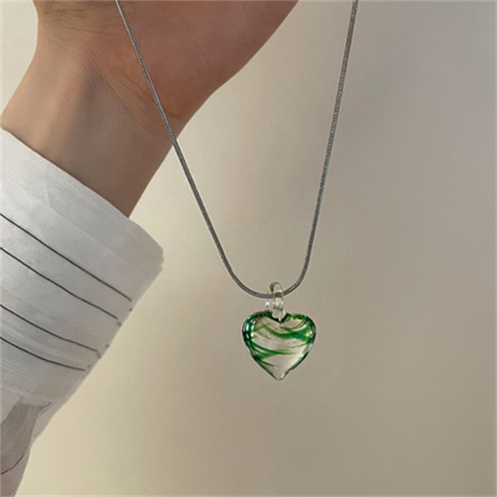 Grün Zebra Streifen Glas Herz Anhänger Titan Stahl Kette Halsketten für Frauen Schlüsselbein Halskette Kristall Emaille Liebe Schmuck: A-Grün Streifen
