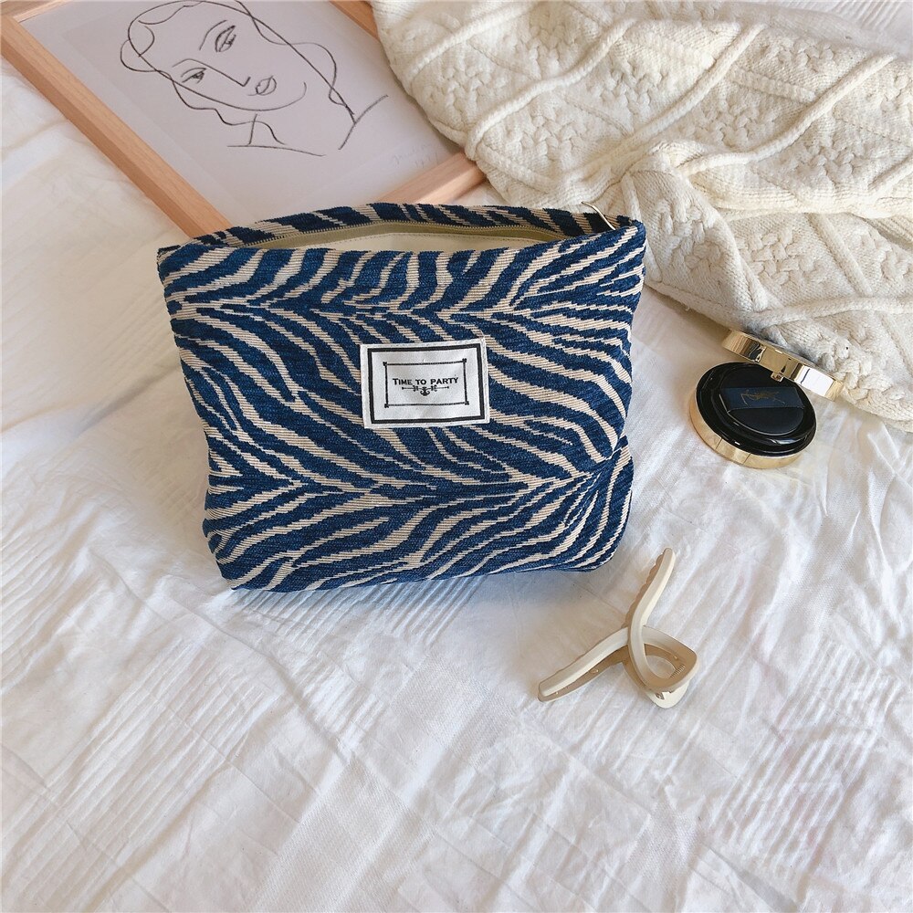 Large Women Zebra Pattern Cosmetic Bag Canvas Waterproof Zipper Make Up Bag Travel Washing Makeup Organizer Beauty Case: Blue