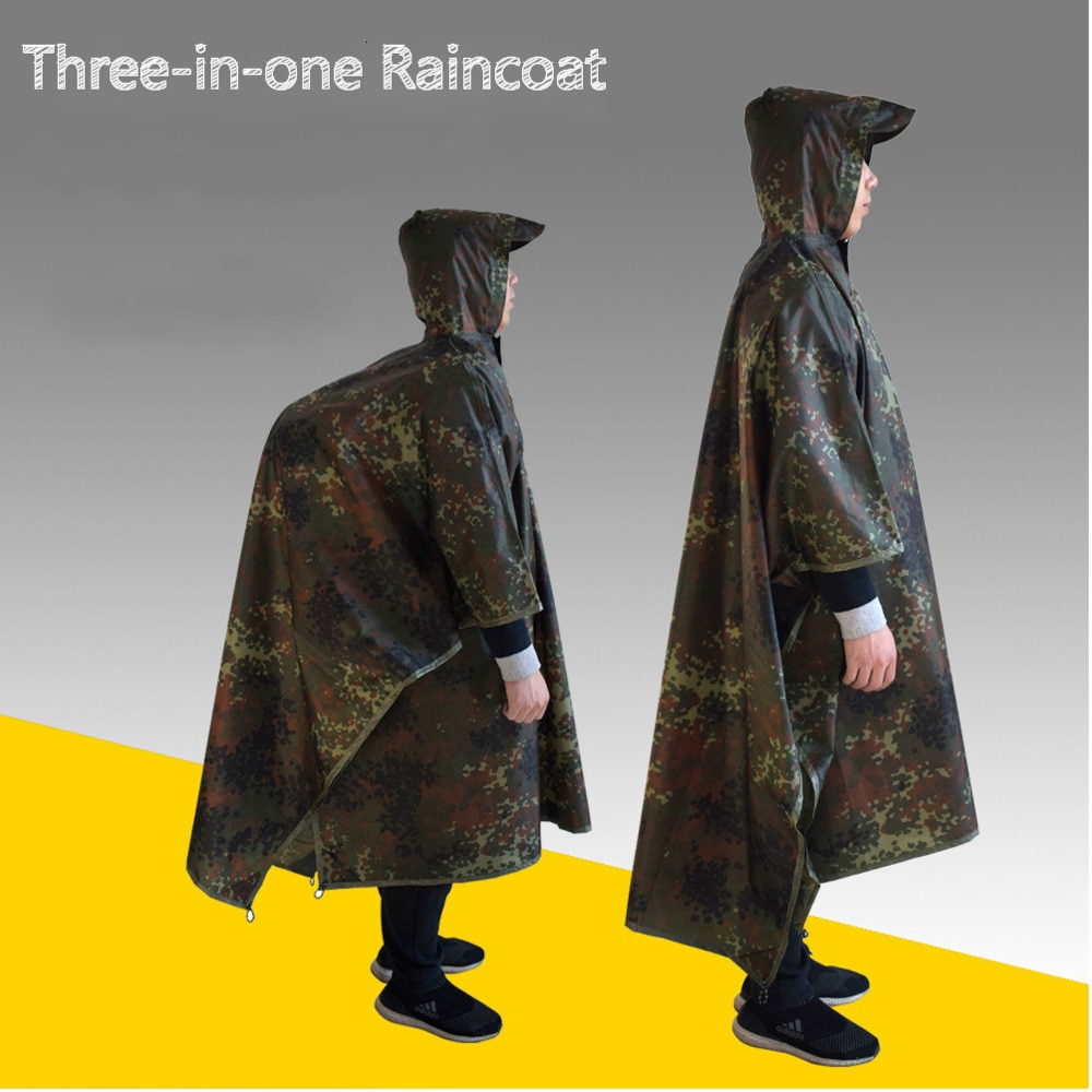 Tre-i-en multifunktions regnfrakke udendørs camouflage ghillie jakkesæt regnfrakke poncho kappe holdbart fiskeri camping regnudstyr