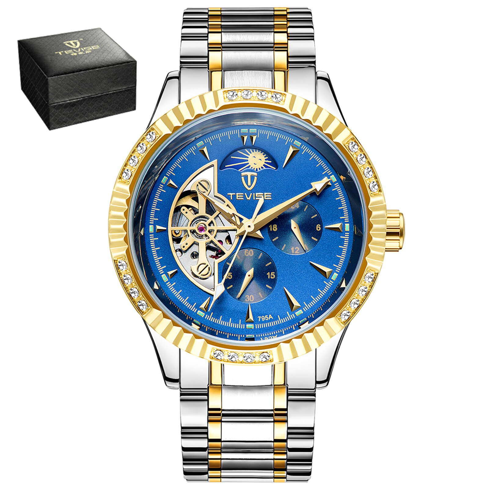 Tevise Mannen Mechanisch Horloge Roestvrij Stalen Band Tijd & Maanfaseweergave 3ATM Waterdichte Mannelijke Sport Horloges (Doos Verpakt): Silver Gold Blue