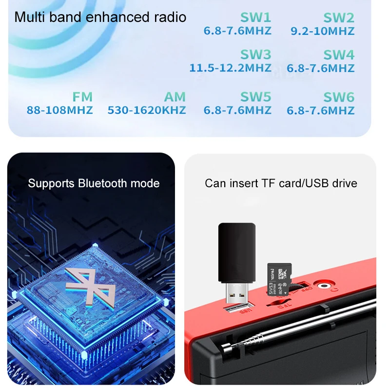 Bärbar radio fm/am/sw fullbandsmottagare uppladdningsbar radio tf/usb musikspelare med lcd-skärm led-ficklampa
