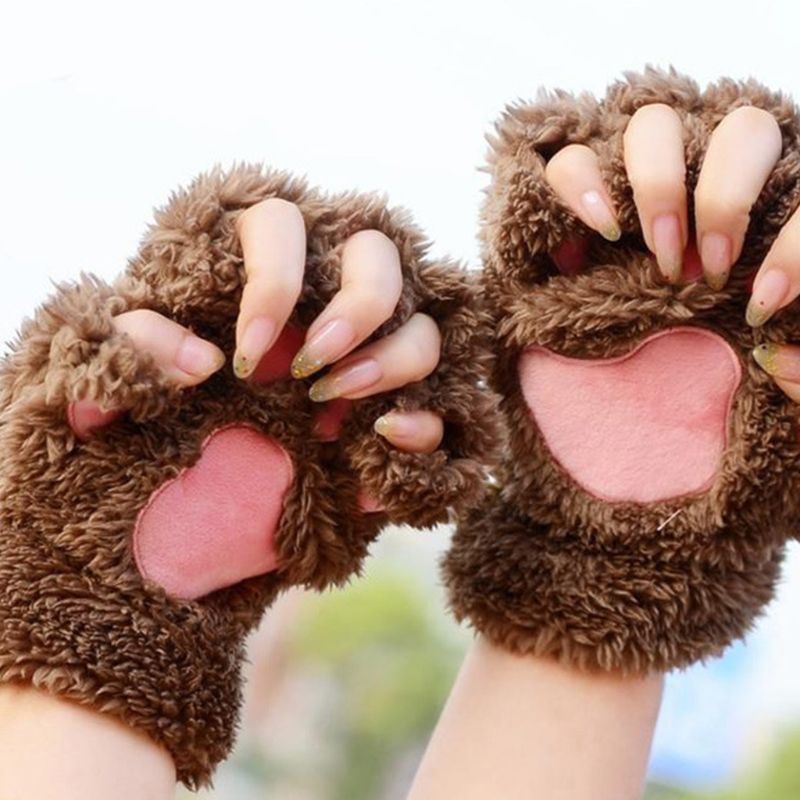 Meninas adorável gato pata garra grosso metade luvas sem dedos macio pelúcia mitten