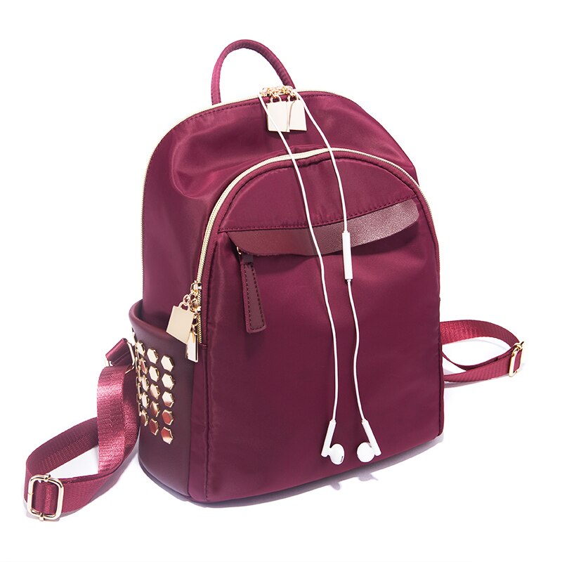 Women Dark Red Casual Laptop Backpacks Splashproof Nylon Casual Daypack Schoolbag Travel Shopping Ladies Rucksack Cute Bags