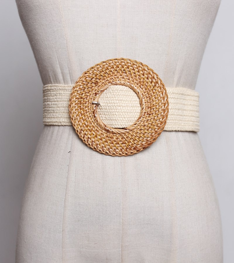 Cinturones de cintura de paja de imitación elásticos de verano, cinturones de tela ajustable con hebilla cuadrada, cinturones bohemios para Vestido de playa: White