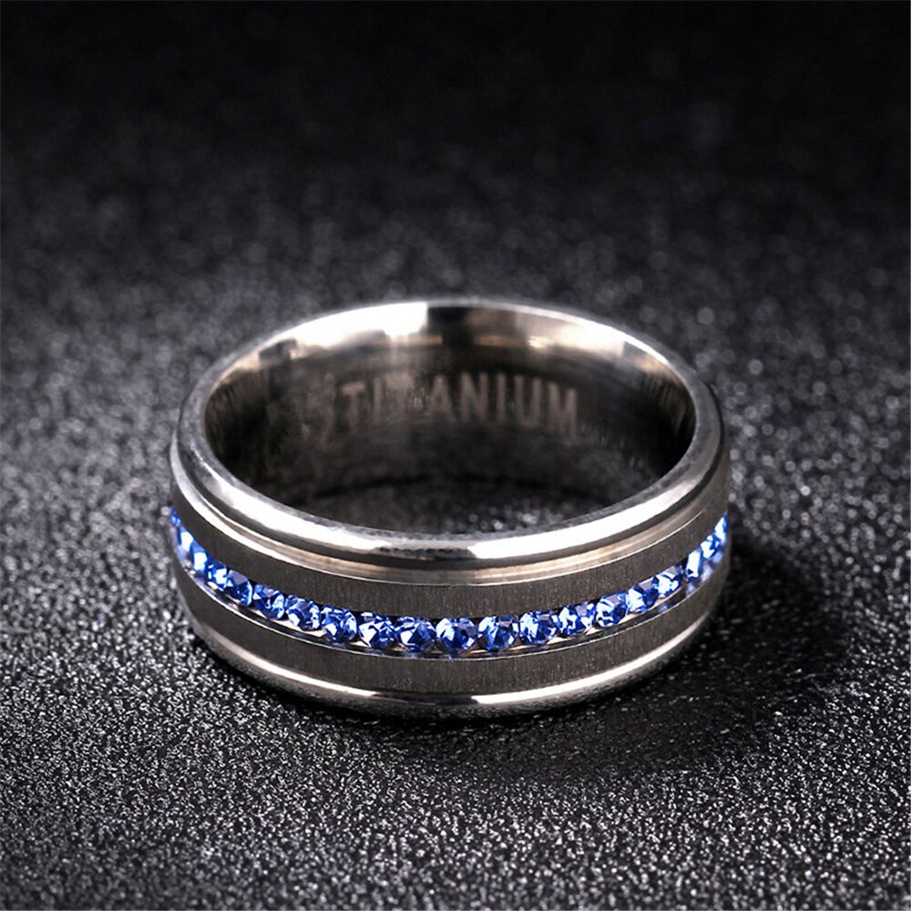 Loredana-Anillo de boda con tiras largas clásicas de 8mm para hombre y mujer, sortija de circón azul, joyería de acero inoxidable 316L