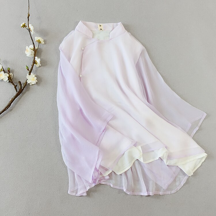 ¡Novedad de primavera-verano ! Blusa china de Nagodo, camisa de té Zen de doble capa de hilo, Top de gasa estilo chino clásico Hanfu para mujer: violet