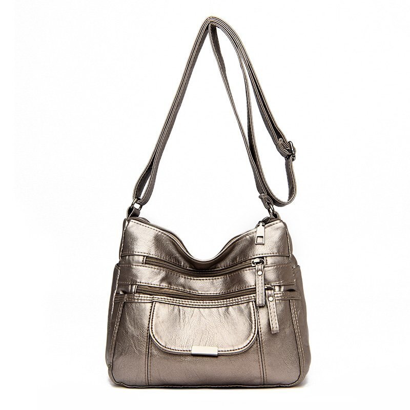 Retro women's bag double zipper shoulder bag soft leather handbag simple messenger bag trend multi-pocket bag: Champagne gold