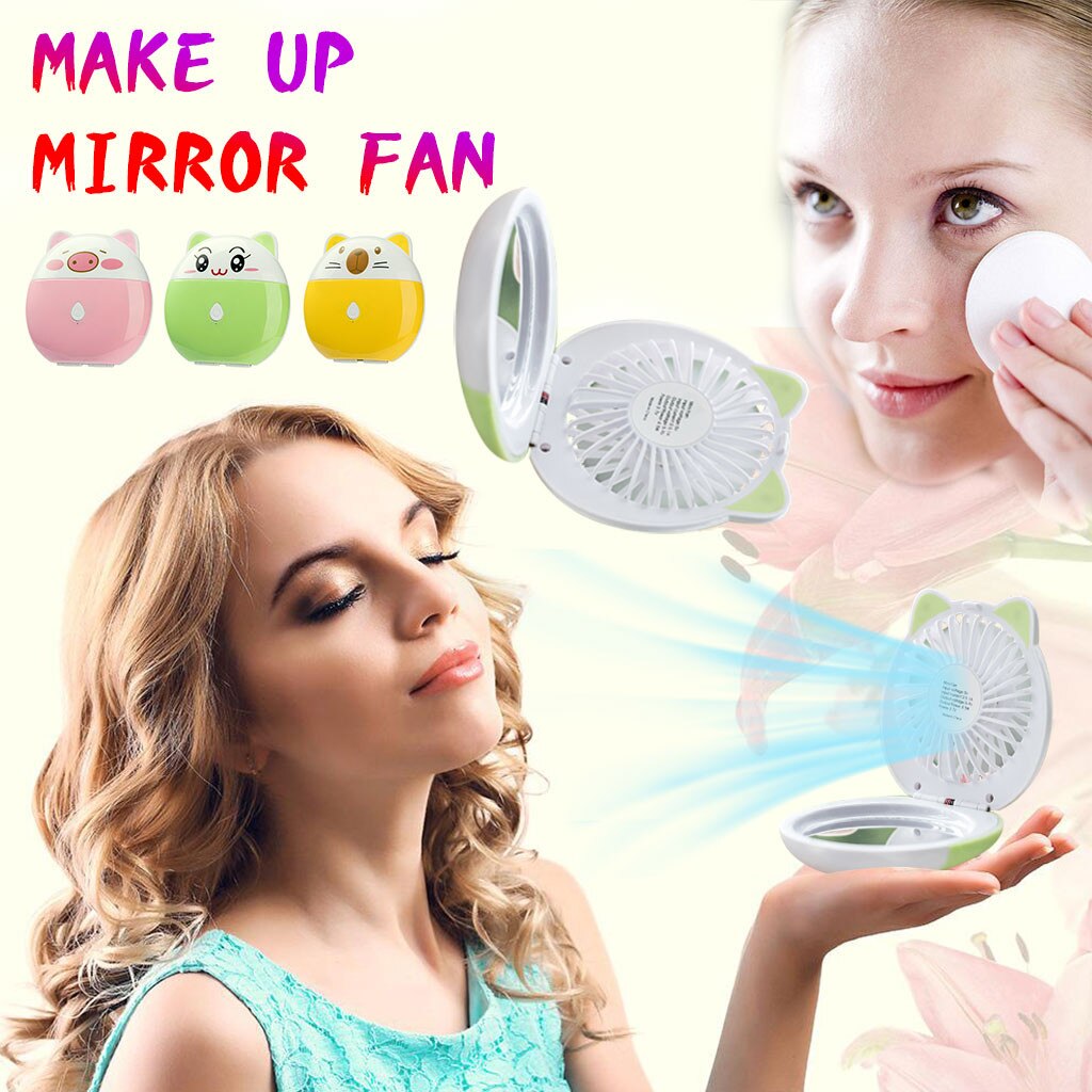 Portable Mini USB Fan Explosion Pig Cartoon Makeup Mirror Fan Adjustable USB Handheld Charging Portable Handheld Mini Fan