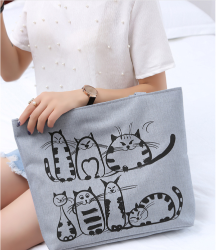 Sacs en toile dessin animé de chat, sac en toile imprimé, fermeture éclair de grande capacité, fourre-tout, sacs à main de Shopping, tendance