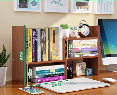 Wooden Desk Organizer Stationery Students Simple Wooden Bookshelf Office School Mini Bookcase Desktop Rack With Screwdriver: teak color