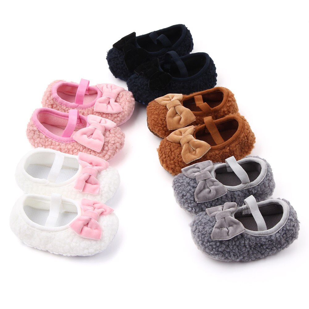 Baby Boys Girls Fleece Slippers Soft Sole Crib Shoes With Bow Anti-Slip Fleece Solid Color Toddler First Walker Shoes