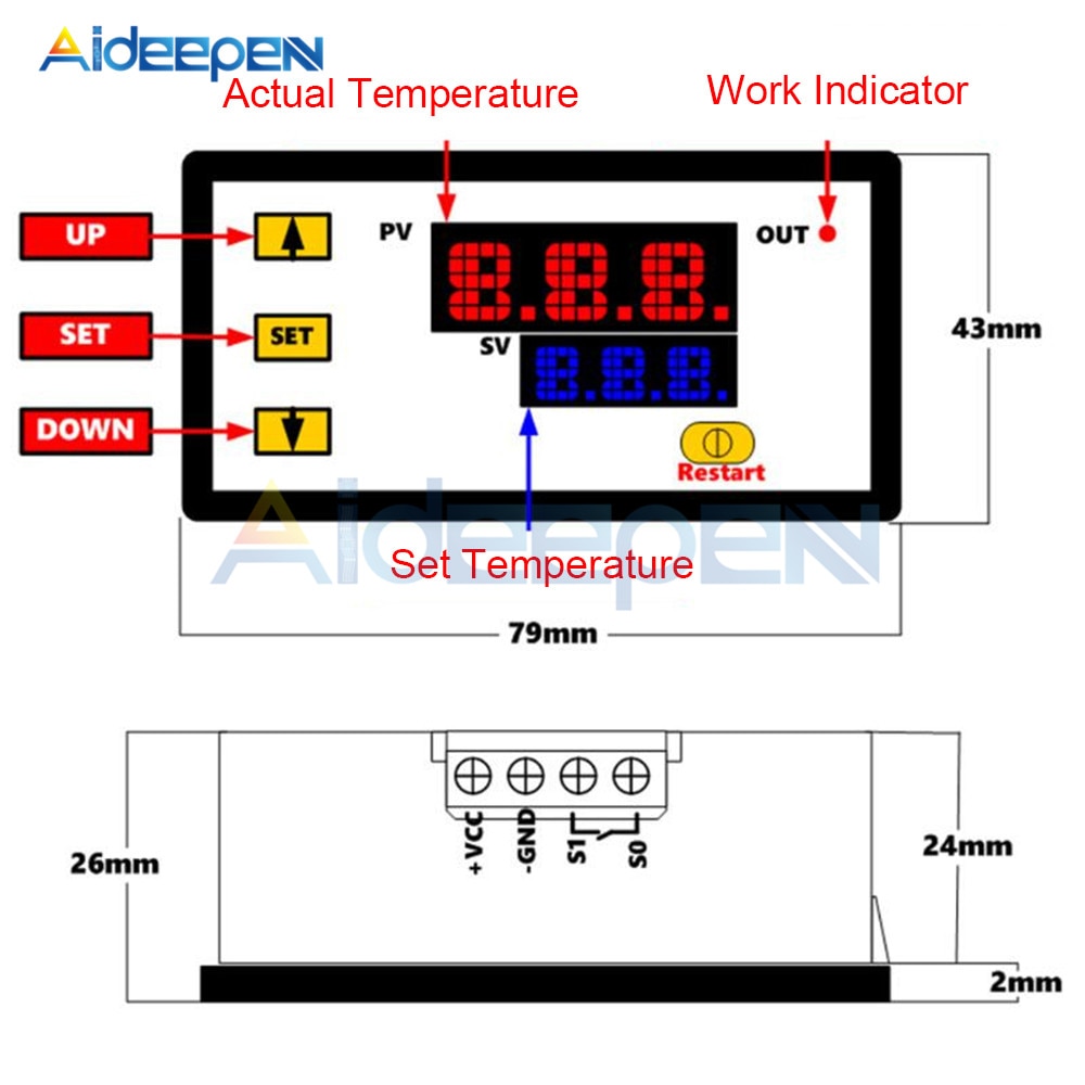 Regolatore di temperatura digitale DC 5V 12V 24V 110V 220V ca-60 ~ 500 gradi sonda tipo K M6 sensore termocoppia termostato incorporato