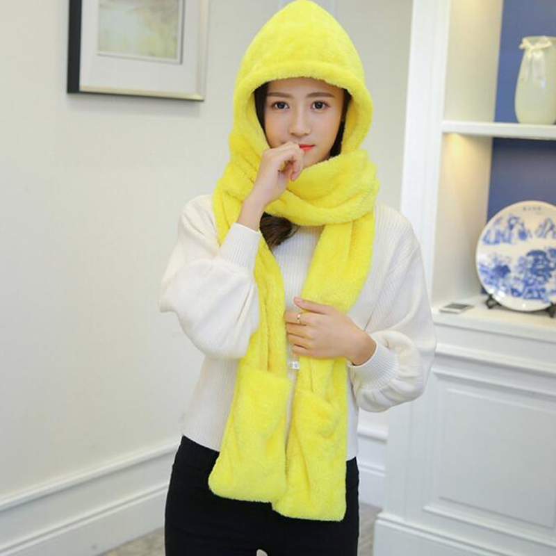 3 in 1 Women Winter Hood Scarf Hat Glove Set Warm Soft Snood Pocket Hooded Srarves Women Scarf Hat Glove For Girl