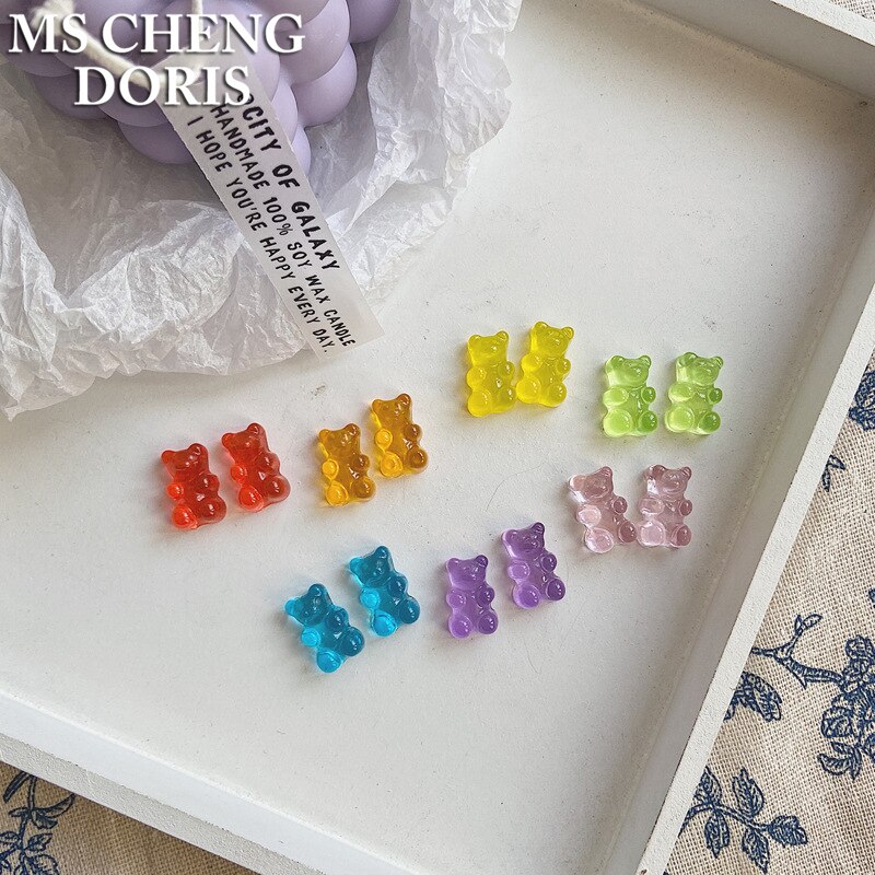 Kinderen Snoep Kleur Jelly Beer Stud Oorbellen Vrouwen Meisje Cartoon Transparante Beer Barrette Leuke Resin Gummy Bear Sieraden