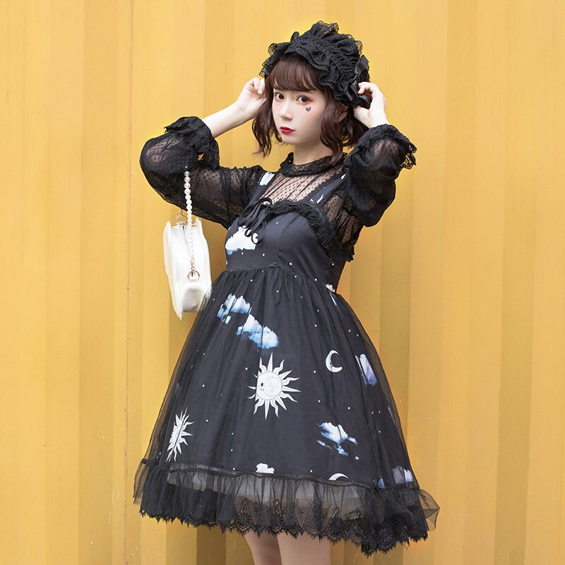 Dark Lolita Sterrenhemel Gradiënt Wolken Kawayi Jurk Originele Loli Js Mouwloze Sling Jurk Leuke Meisje Konijn Ondergoed Pak