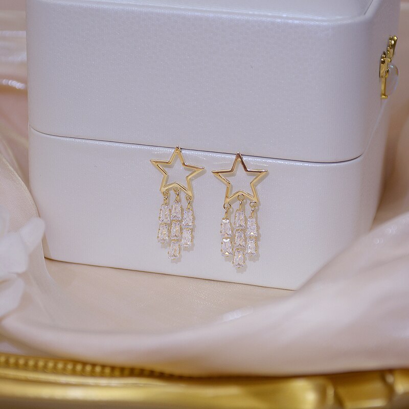 14k Real Gold Shine Tassel Crystal Star Women Earring Popular Zircon Earring Bohemia Wedding Jewelry Pendant