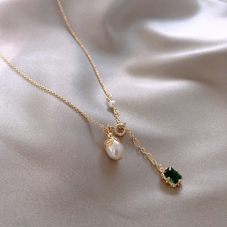 Koreansk trendy grøn krystal imiteret perle chokers halskæder til kvinder vanddråbe vedhæng halskæde smykker: Default Title