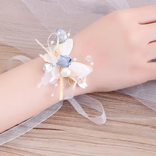Imitation Pearls Corsage Bracelet Fabric Hand Flowers Girls Bridesmaid Wrist Flowers Wedding Party Accessories Party decor Rose: Brown