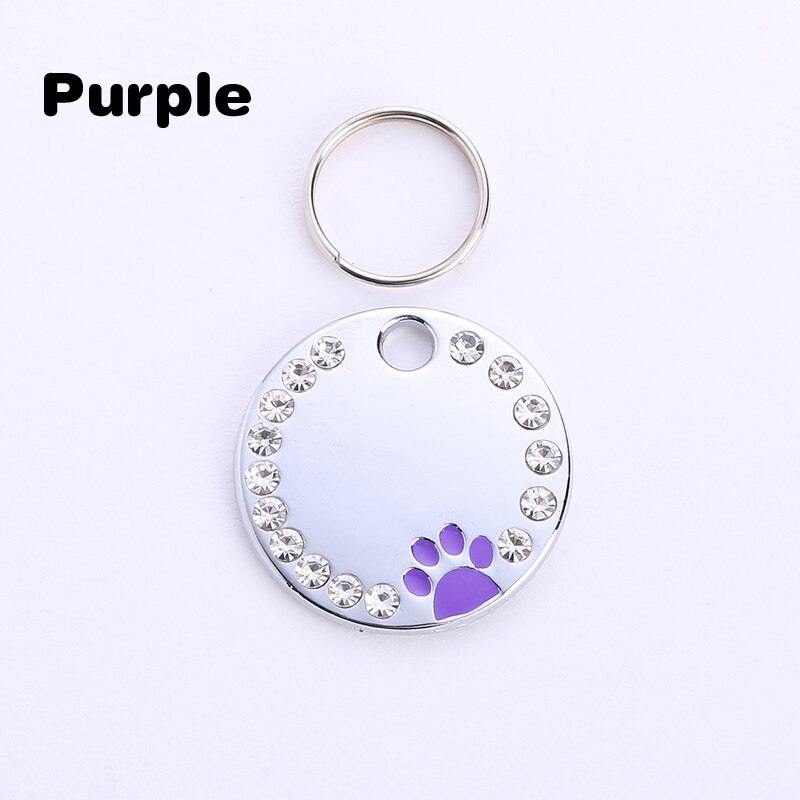 Collier en forme de patte pour chien et chat, porte-clés avec identification, chaîne en métal strass, pendentif gravé avec nom: purple