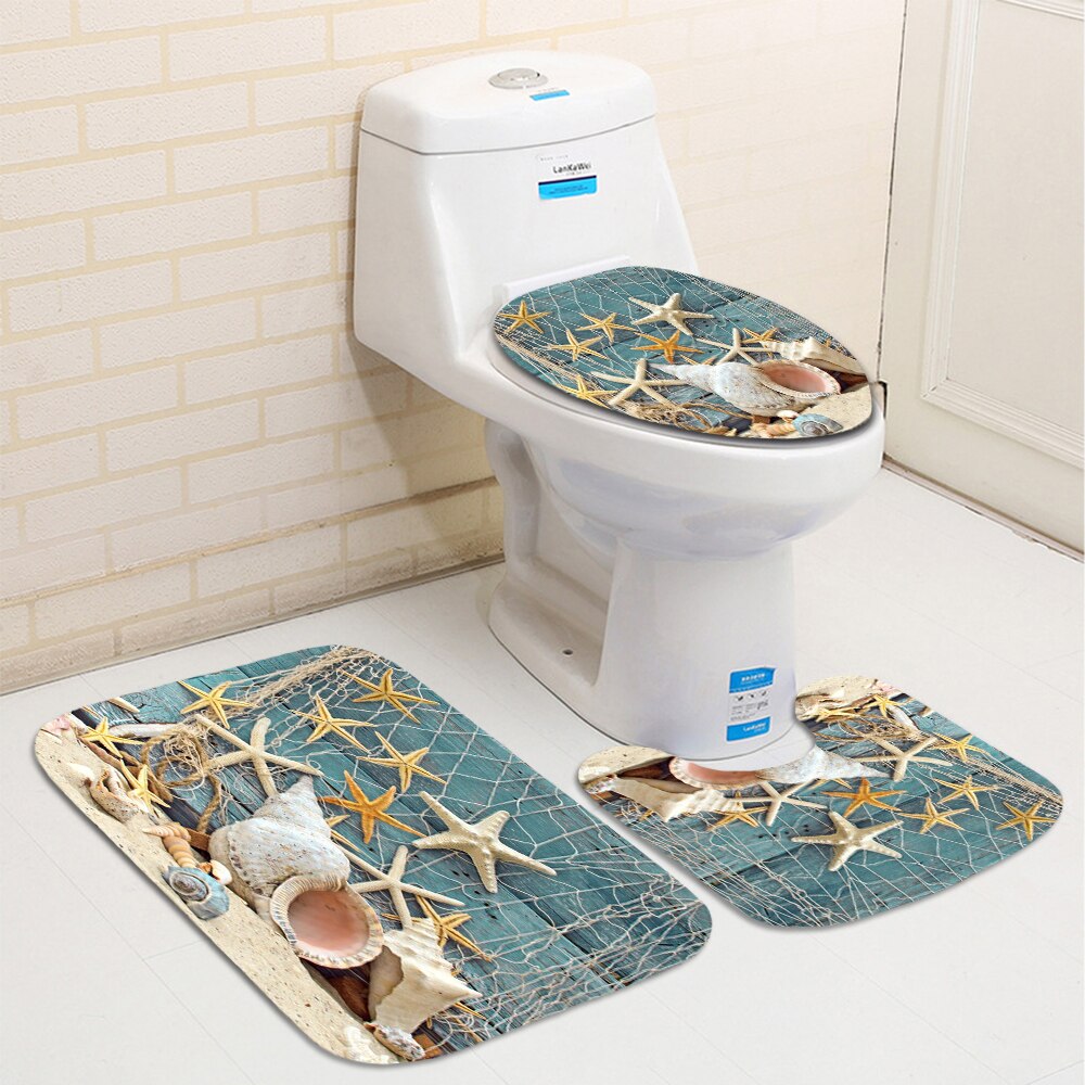 Conch Starfish Shell Shower Curtain Bathroom Curtains Non Slip Beach Style Pattern Anti-skid Carpet Toilet Lid Cover Bath Mat: E 3PCS