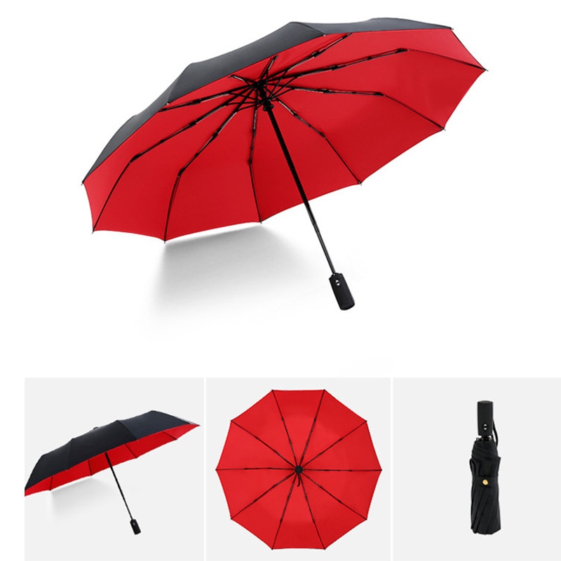Two-layer Rain Umbrellas Men Women Automatic 3 Fold Windproof 10 Ribs Large Parasol Female Sunny Rainy Solid Color Umbrella